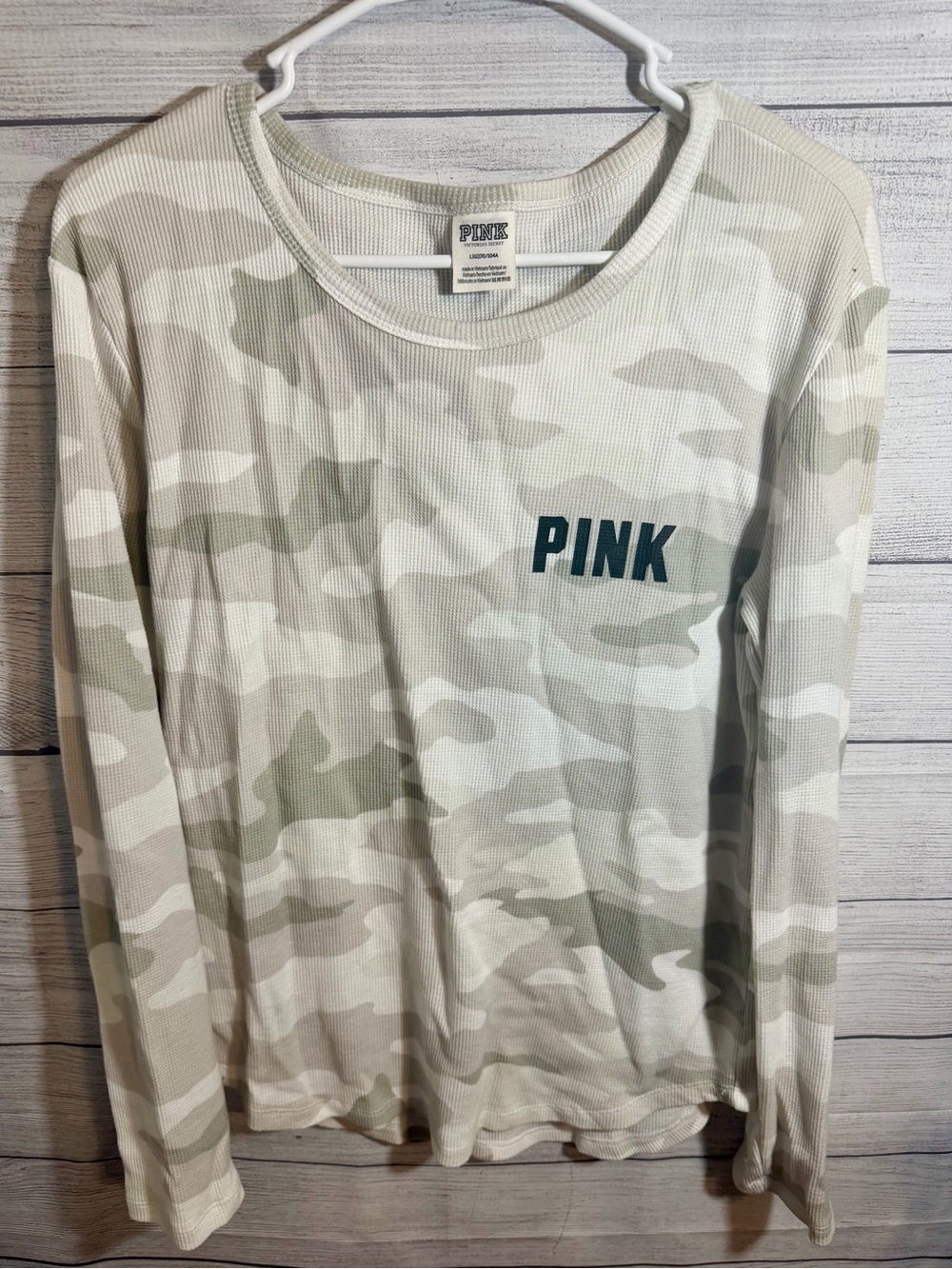 PINK Victoria's Secret Long Sleeve Camo Thermal Top - Light Green & White